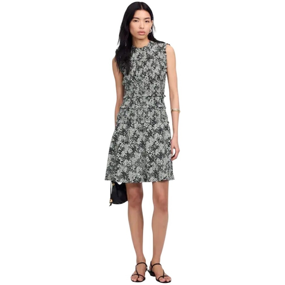 Madewell Floral Ruffle Neck Sleeveless Mini Dress Black White Size 4 NWT $138